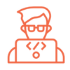 Simple orange line icon of a person wearing a headset with a microphone.