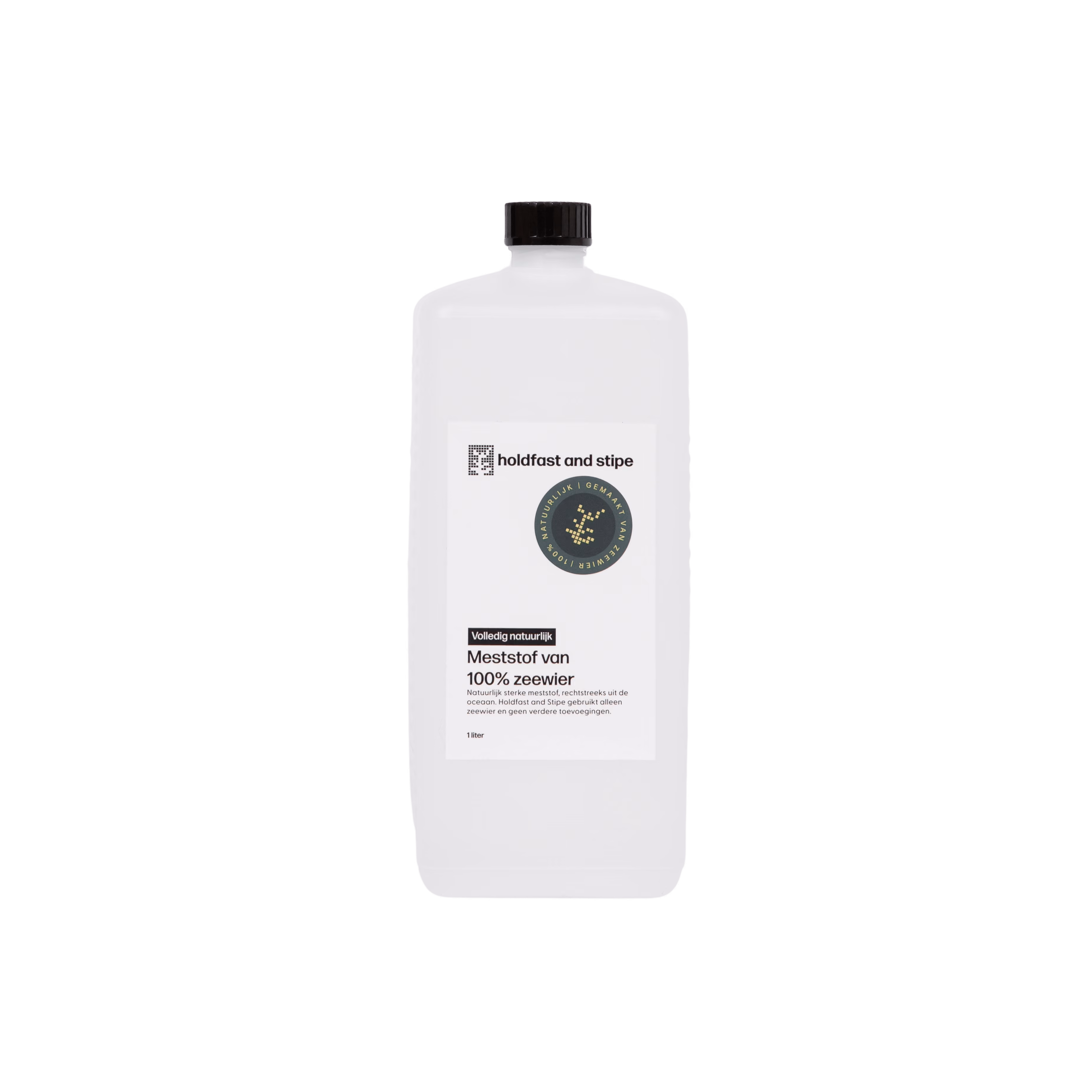 Fles met donkerbruine vloeistof en etiket waarop staat 'Volledig natuurlijk plantenvoeding zonder rommel' van Holdfast and Stipe.