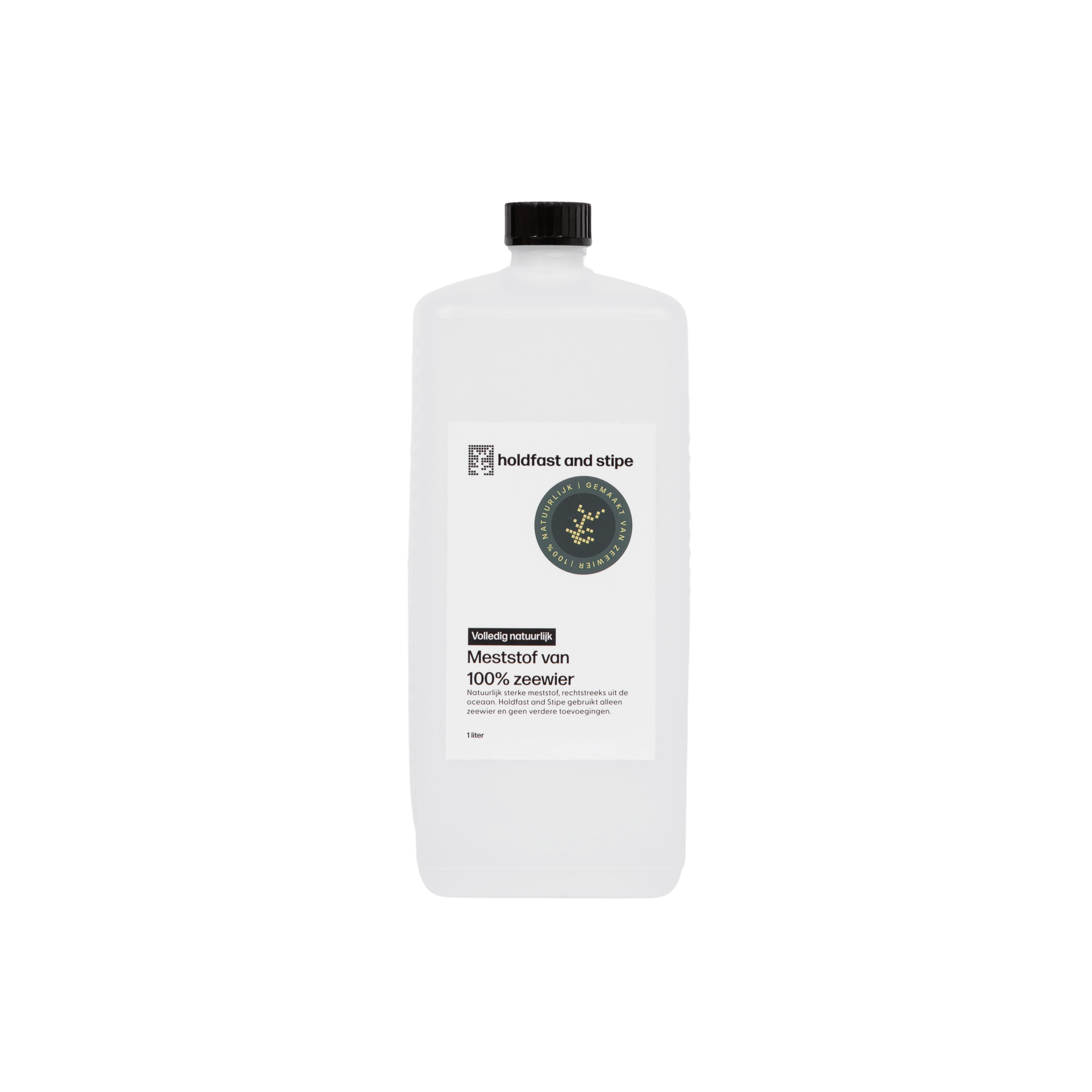 Witte container met label voor 1 liter 100% natuurlijke meststof van zeewier van Holdfast and Stipe.