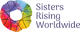 Colorful circular abstract logo with the text Sisters Rising Worldwide in purple.