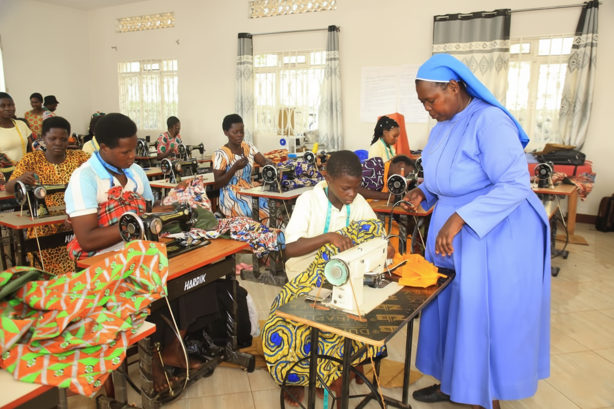 A group of women and girls sewing colorful fabrics on vintage sewing machines in a bright classroom, with a woman in a blue habit assisting a girl.