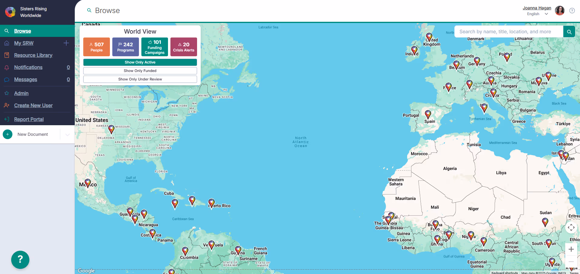 Interactive world map showing locations of people, programs, funding campaigns, and crisis alerts for Sisters Rising Worldwide, with markers across North America, Central America, the Caribbean, Europe, Africa, and the Middle East.