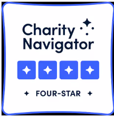 Charity Navigator Four-Star rating badge with four white stars in blue squares.