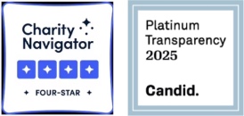 Charity Navigator Four-Star rating badge next to Platinum Transparency 2025 Candid certification logo.