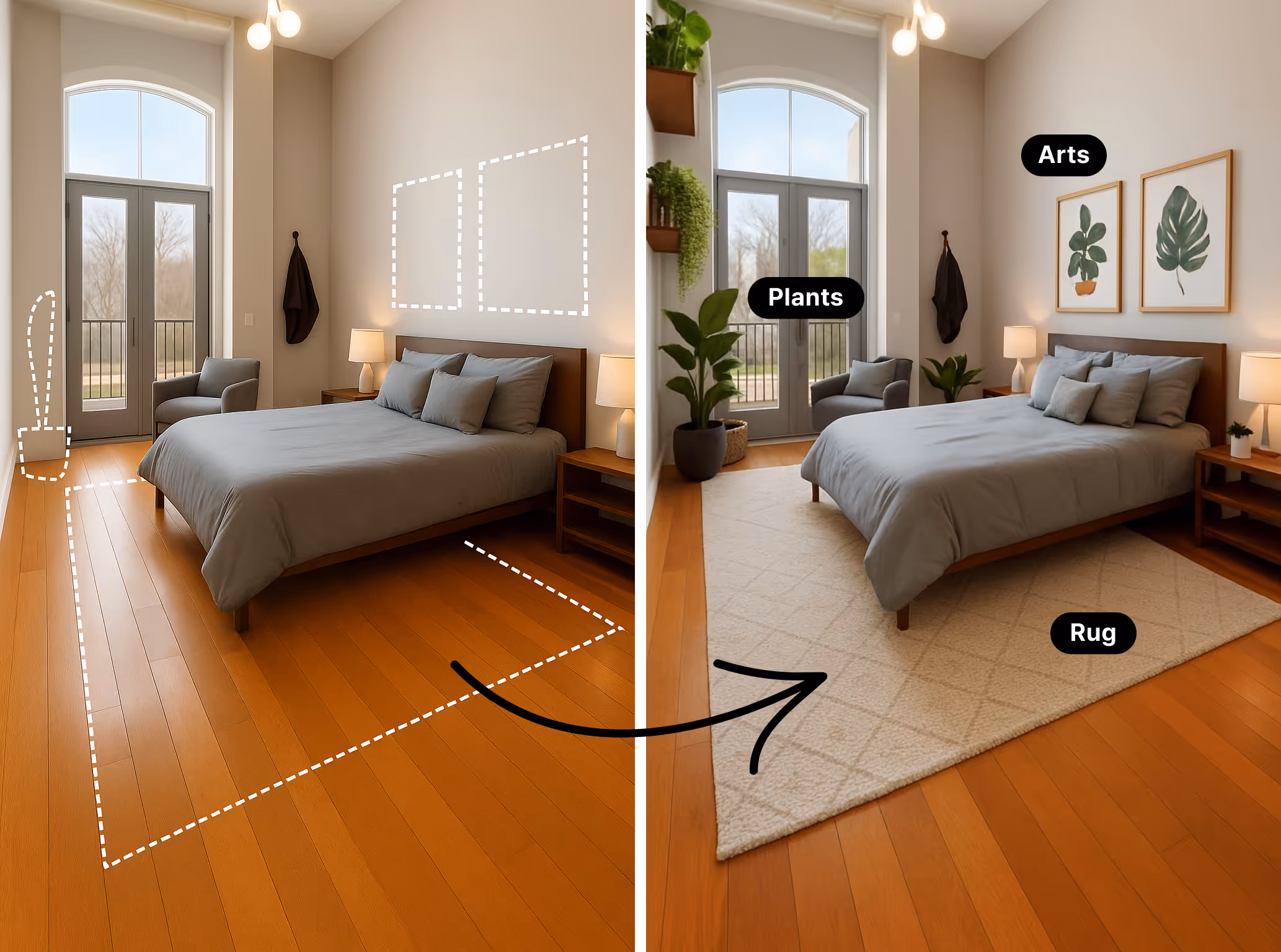 A bedroom with AI suggestions of rug, art, plant
