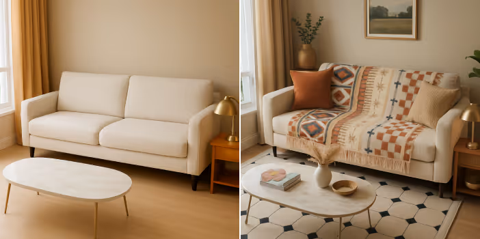 A cozy living room with AI interior decor item suggestions