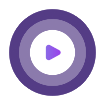 Purple play button icon with concentric circular rings in varying shades of purple.