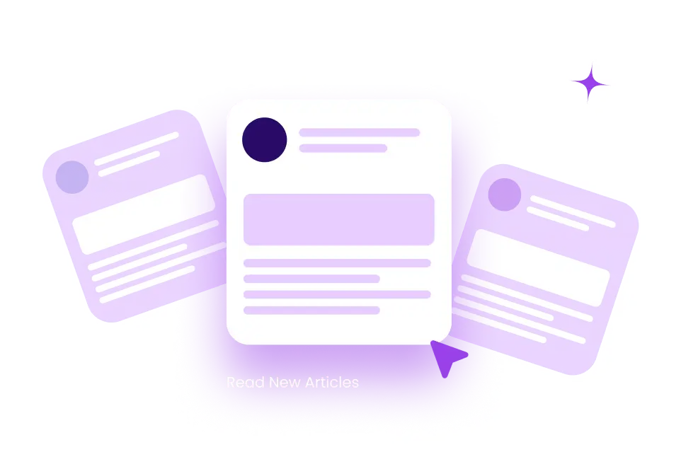 Purple and white stylized cards representing articles with a glowing cursor pointer and text 'Read New Articles'.