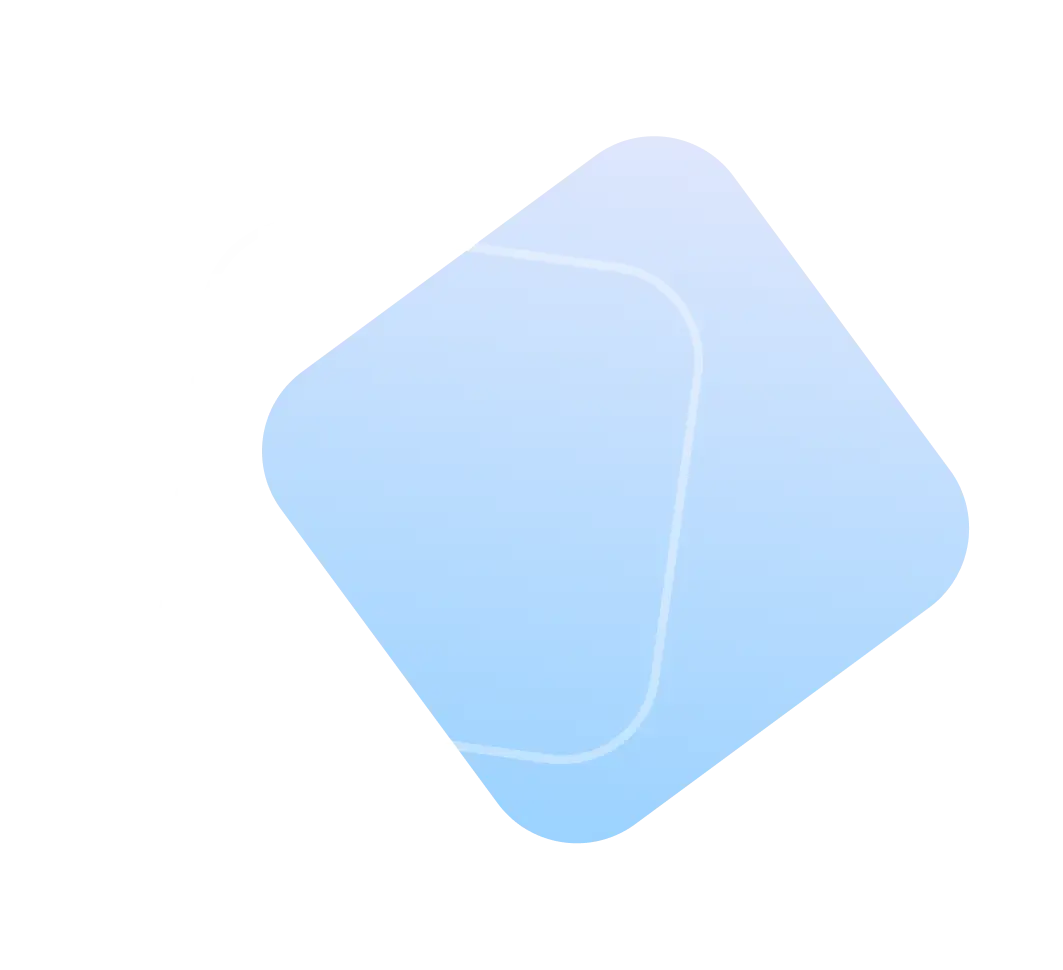 Two overlapping diamond shapes, one white outlined and one solid light blue with rounded corners.