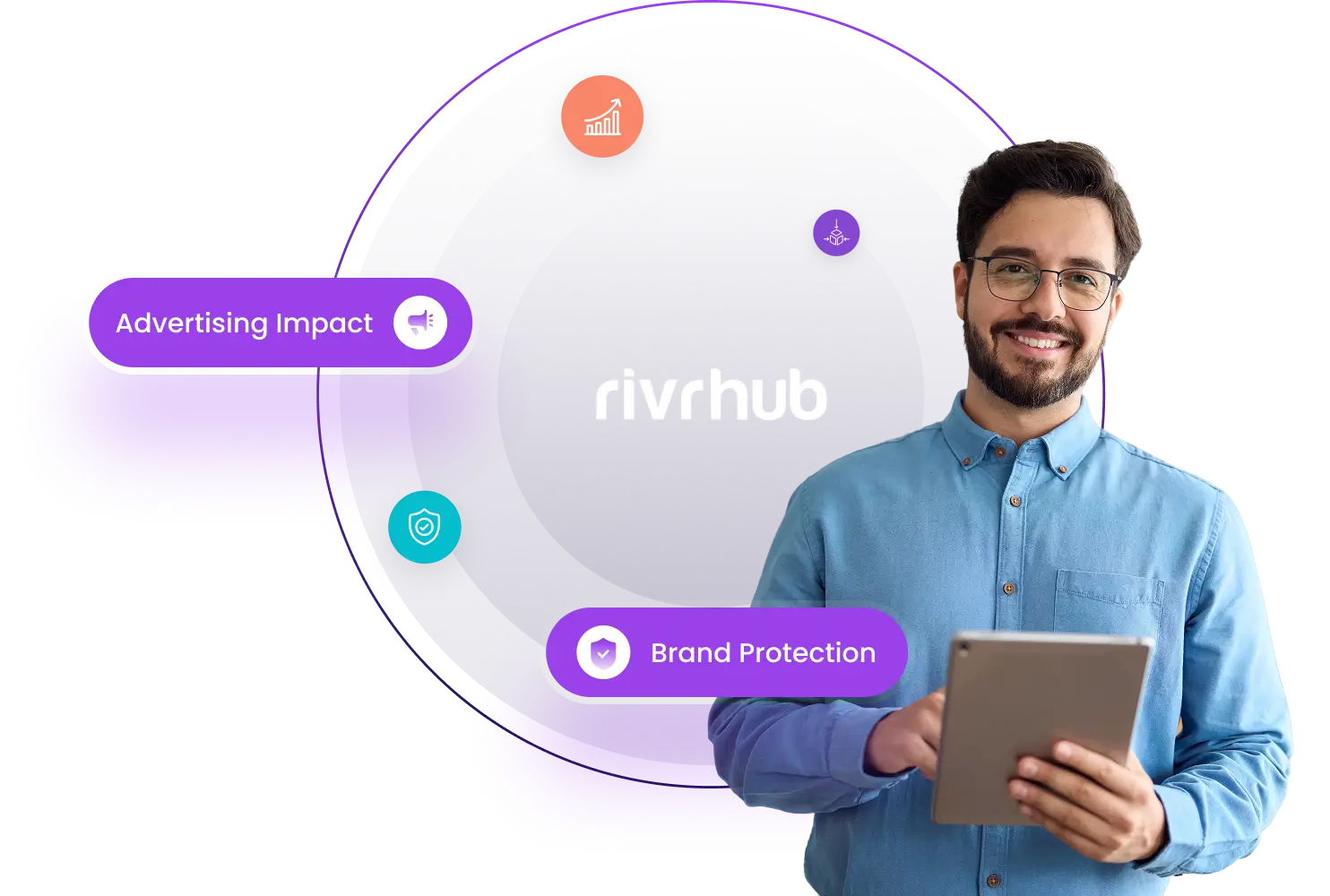 Smiling man with glasses holding a tablet, beside a graphic with circles and labels 'Advertising Impact' and 'Brand Protection' around the word 'rivrhub'.