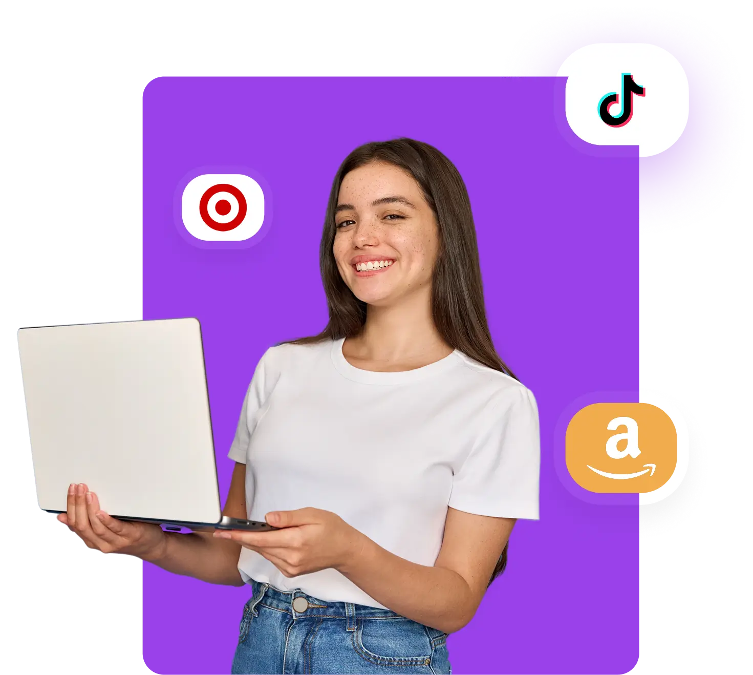 Smiling young woman in white t-shirt holding laptop with purple background and TikTok and Amazon logos.