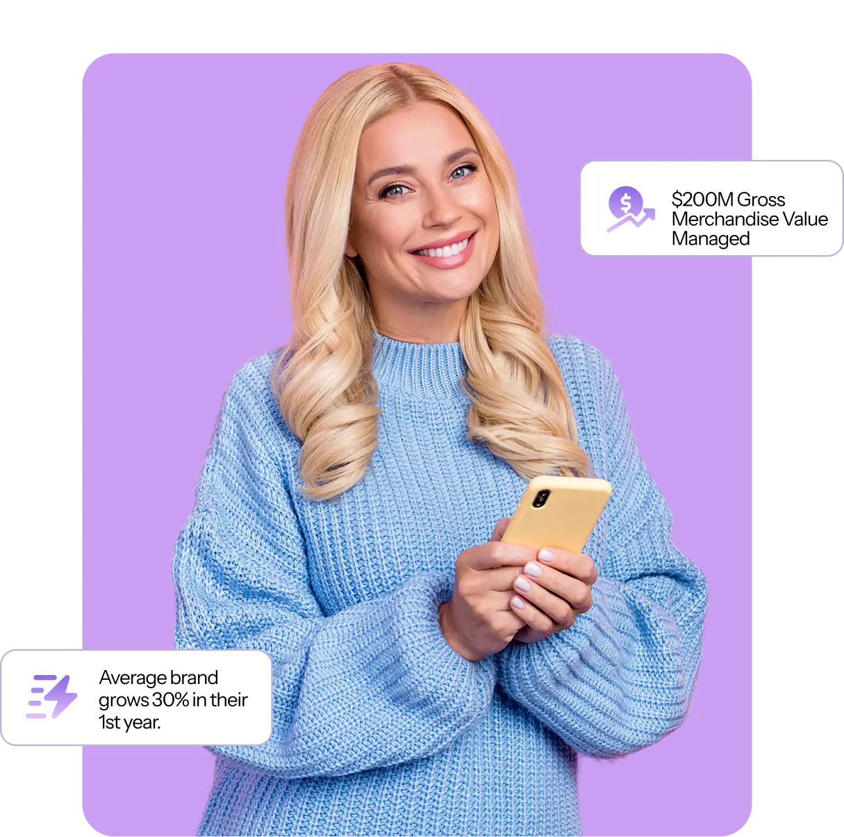 Collage showing a woman holding red lipstick with positive comments, product images including handbag, lipstick, headphones, and shoes, logos of TikTok, Amazon, Walmart, and icons for brand protection and growth analytics.