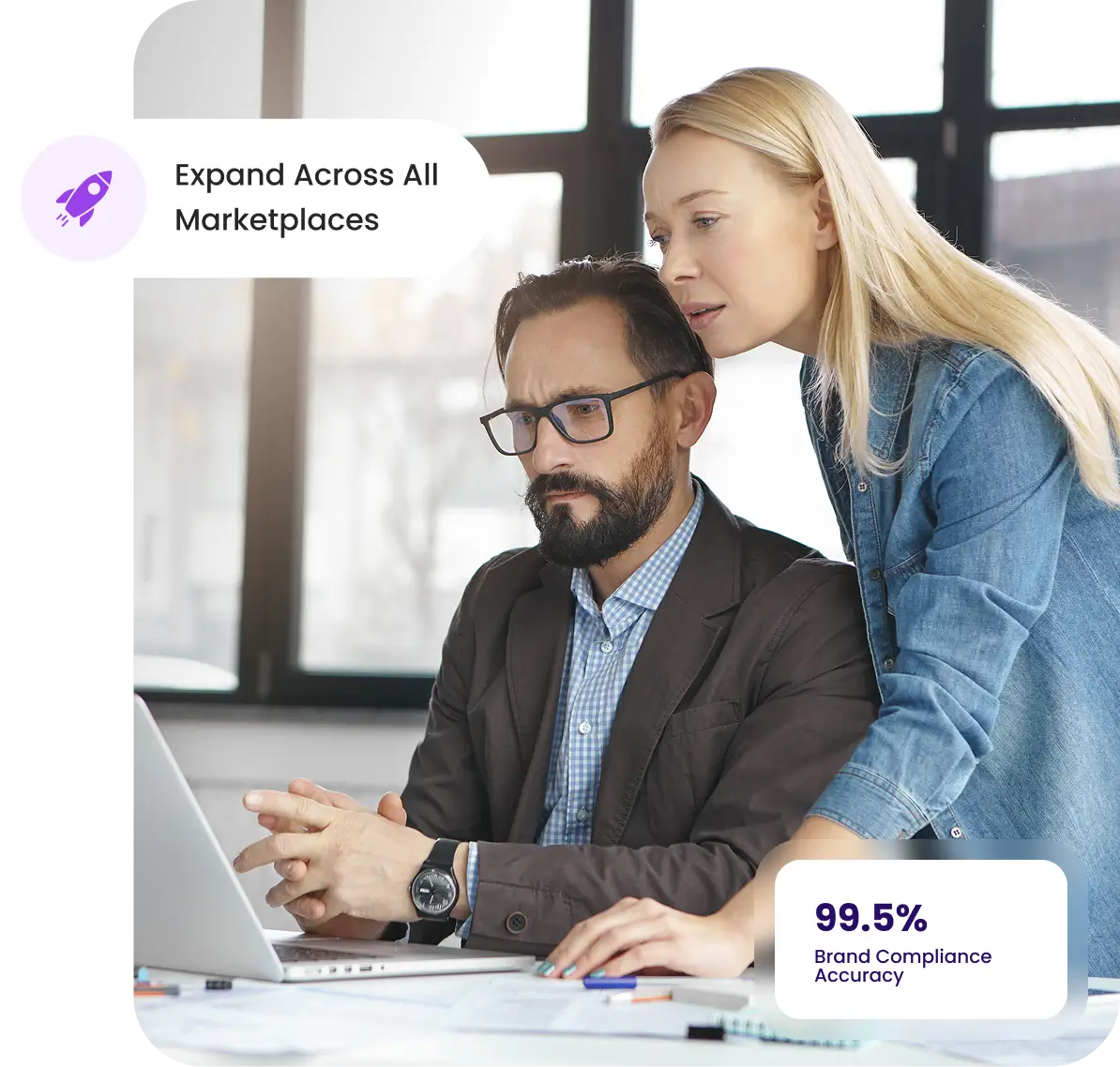 Smiling young woman in white t-shirt holding laptop with purple background and TikTok and Amazon logos.