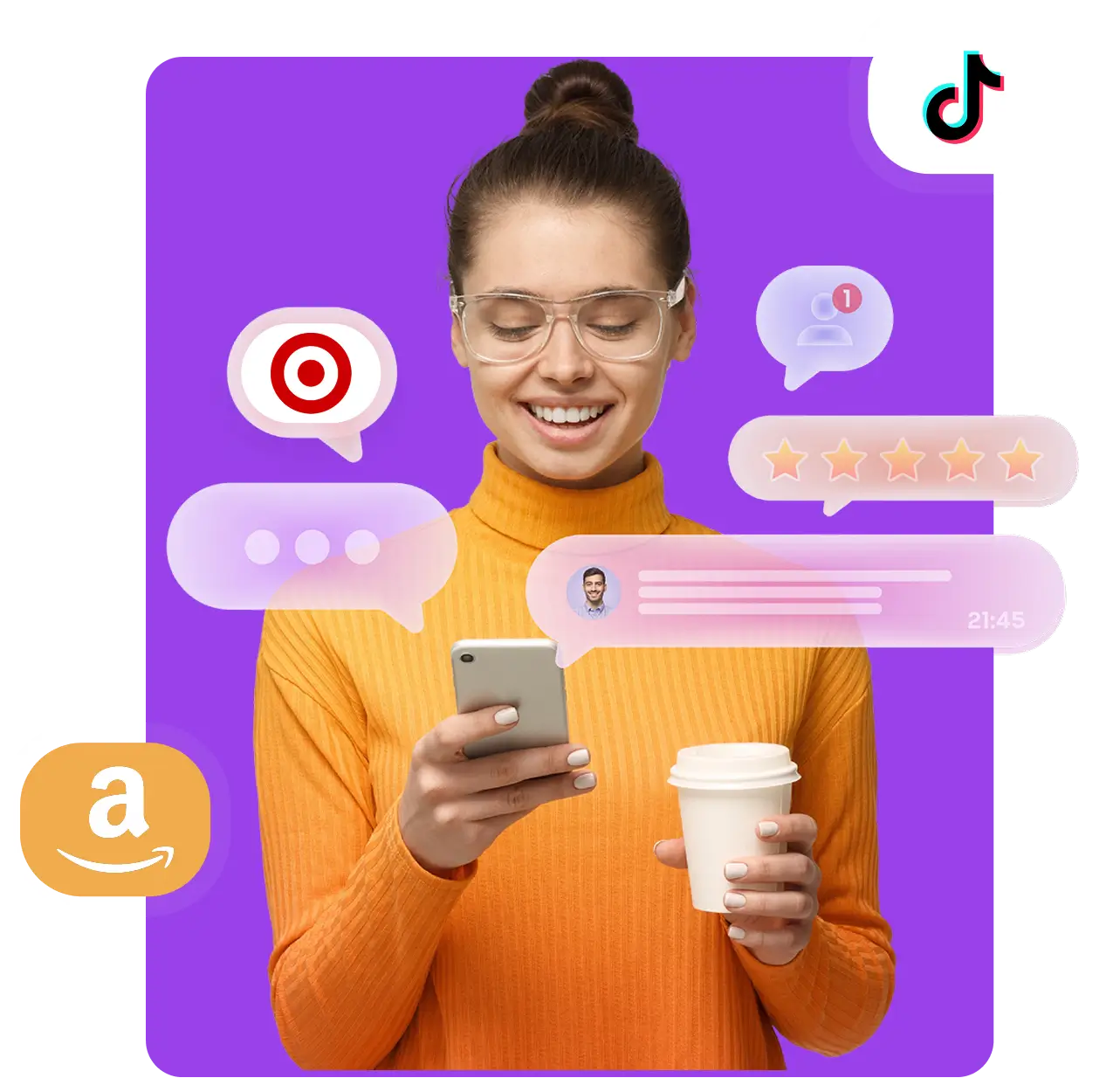 Collage showing a woman holding red lipstick with positive comments, product images including handbag, lipstick, headphones, and shoes, logos of TikTok, Amazon, Walmart, and icons for brand protection and growth analytics.