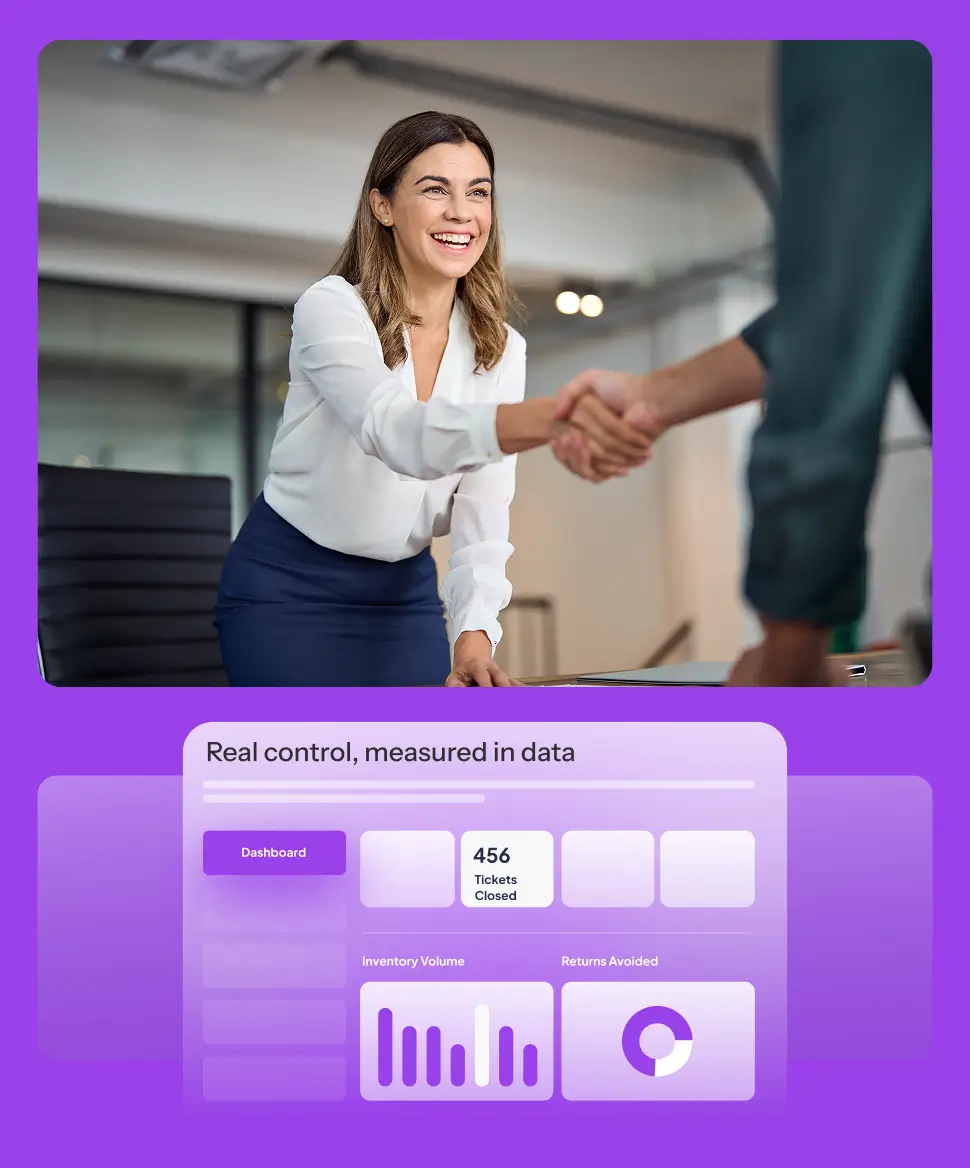 Smiling young woman in white t-shirt holding laptop with purple background and TikTok and Amazon logos.