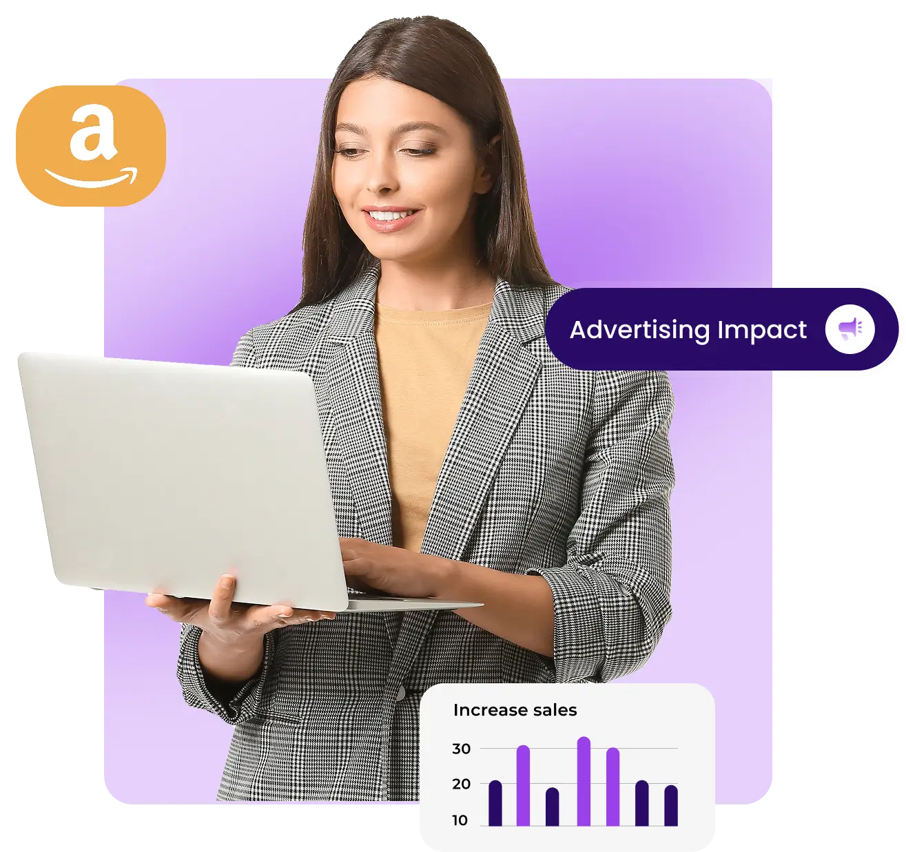 Smiling young woman wearing a white t-shirt and jeans holding an open laptop with TikTok and Amazon logos on a purple background.