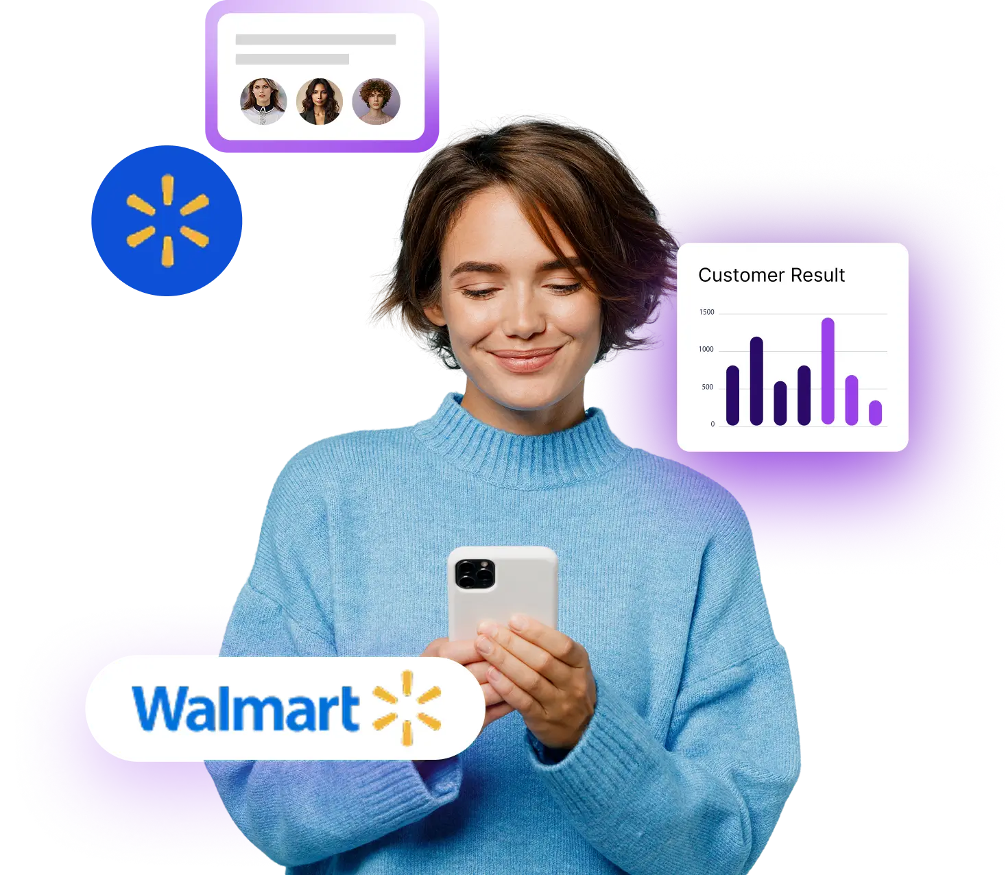 Smiling young woman wearing a white t-shirt and jeans holding an open laptop with TikTok and Amazon logos on a purple background.