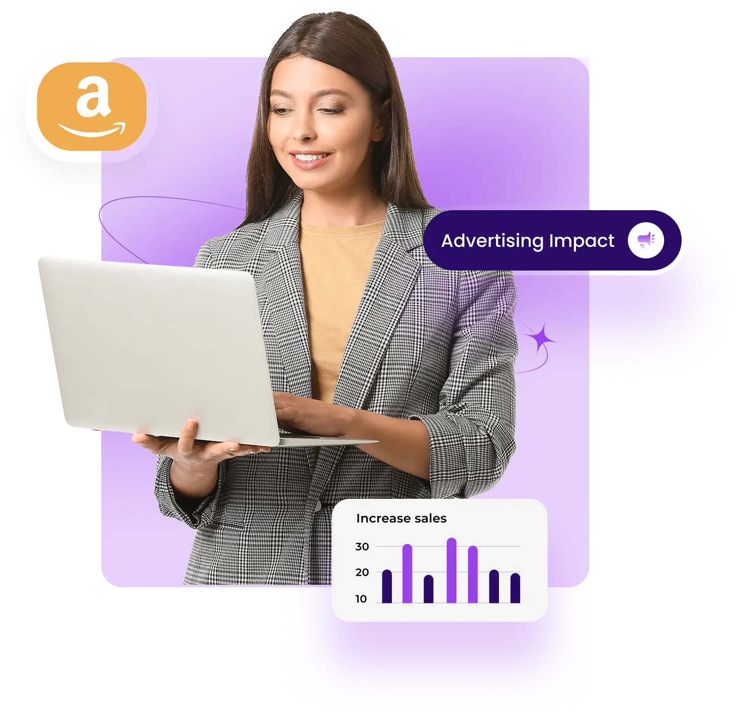 Smiling young woman wearing a white t-shirt and jeans holding an open laptop with TikTok and Amazon logos on a purple background.