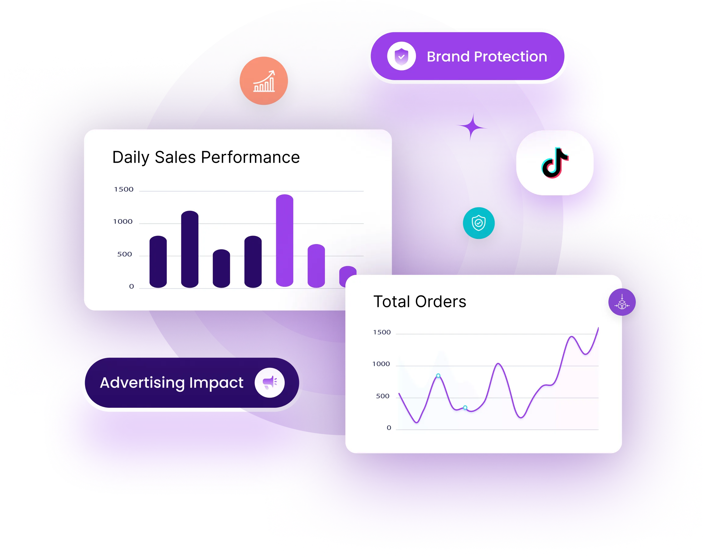 Smiling young woman wearing a white t-shirt and jeans holding an open laptop with TikTok and Amazon logos on a purple background.