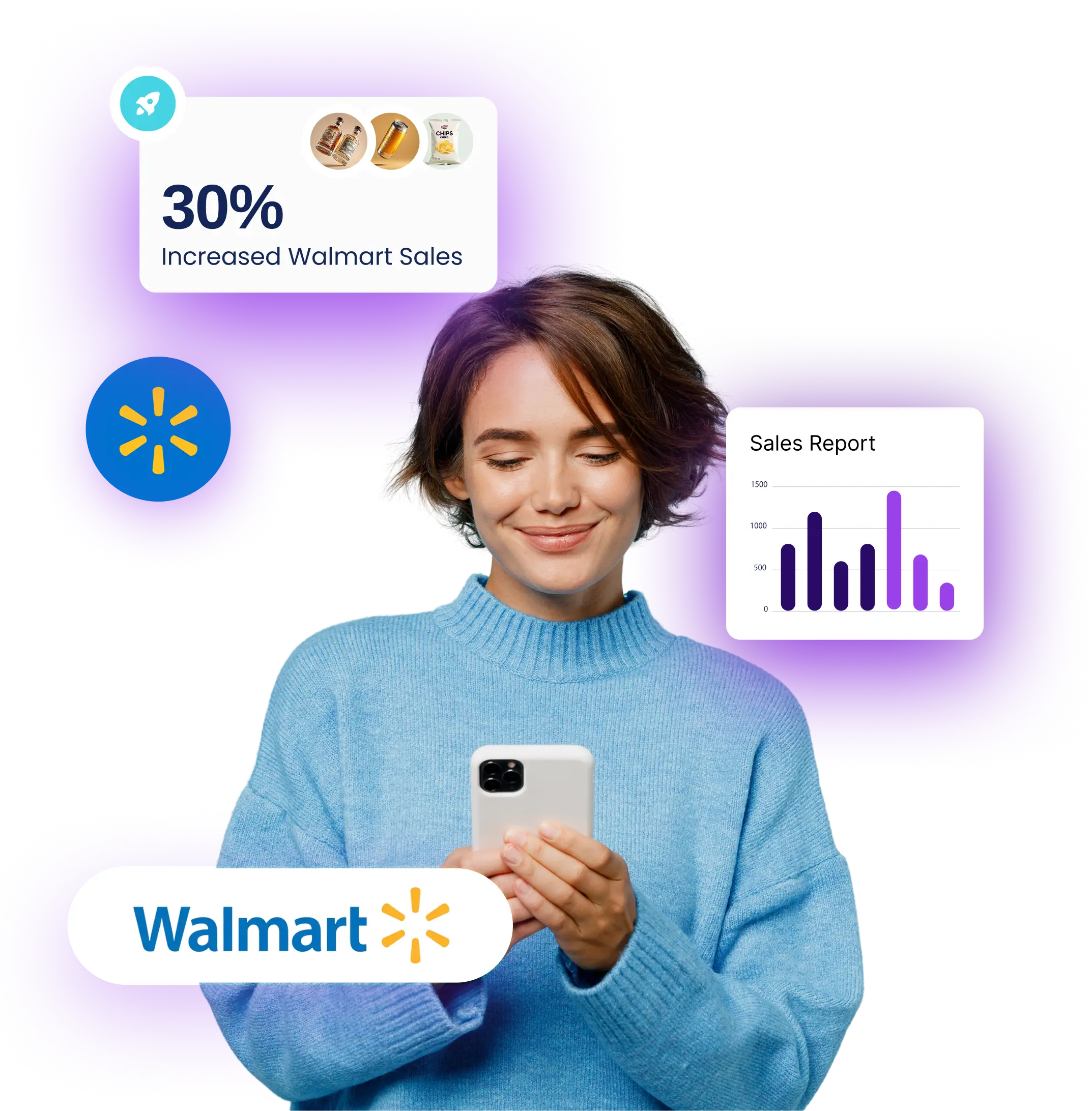 Smiling young woman wearing a white t-shirt and jeans holding an open laptop with TikTok and Amazon logos on a purple background.