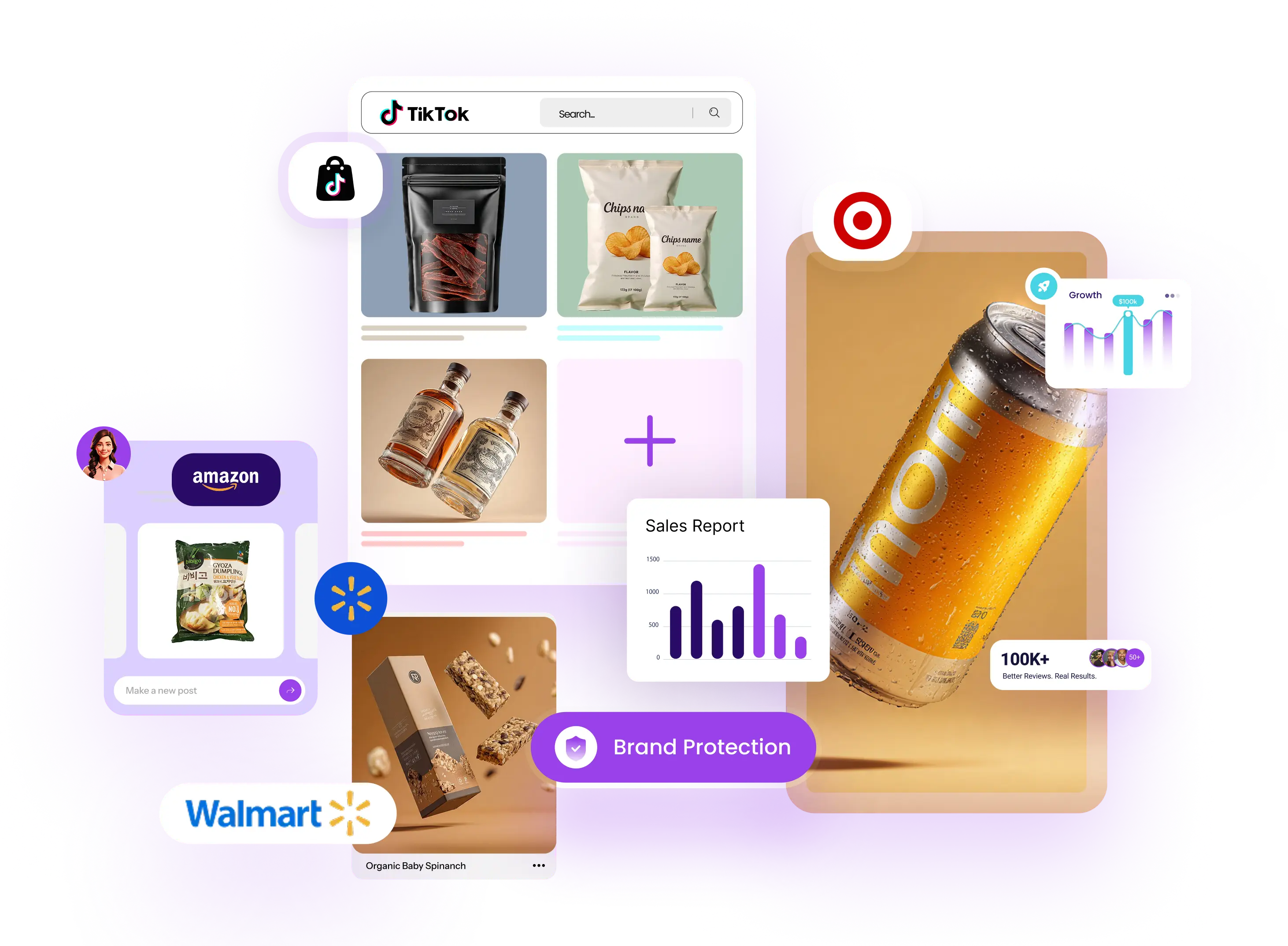 Collage showing a woman holding red lipstick with positive comments, product images including handbag, lipstick, headphones, and shoes, logos of TikTok, Amazon, Walmart, and icons for brand protection and growth analytics.