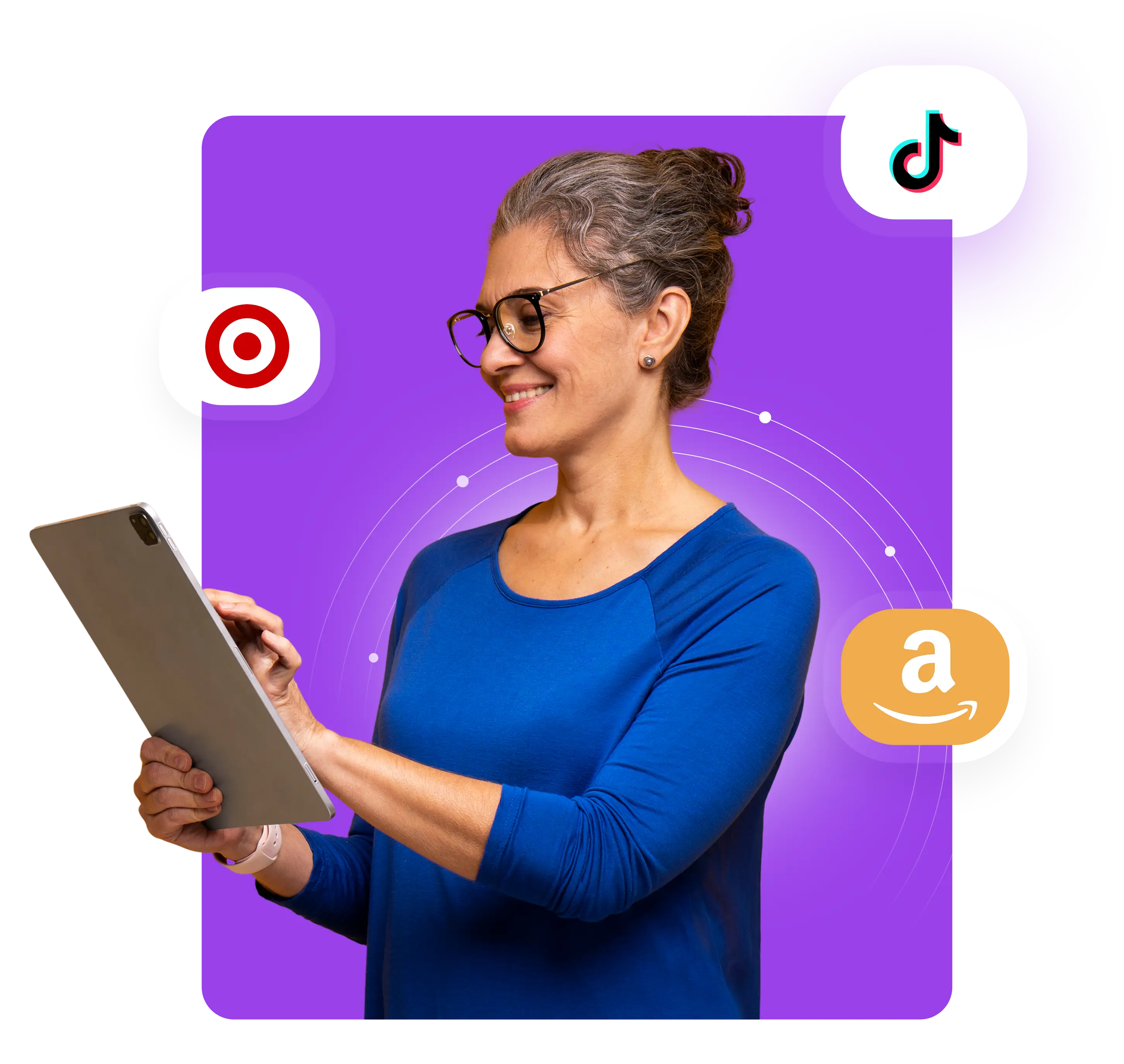 Smiling young woman in white t-shirt holding laptop with purple background and TikTok and Amazon logos.