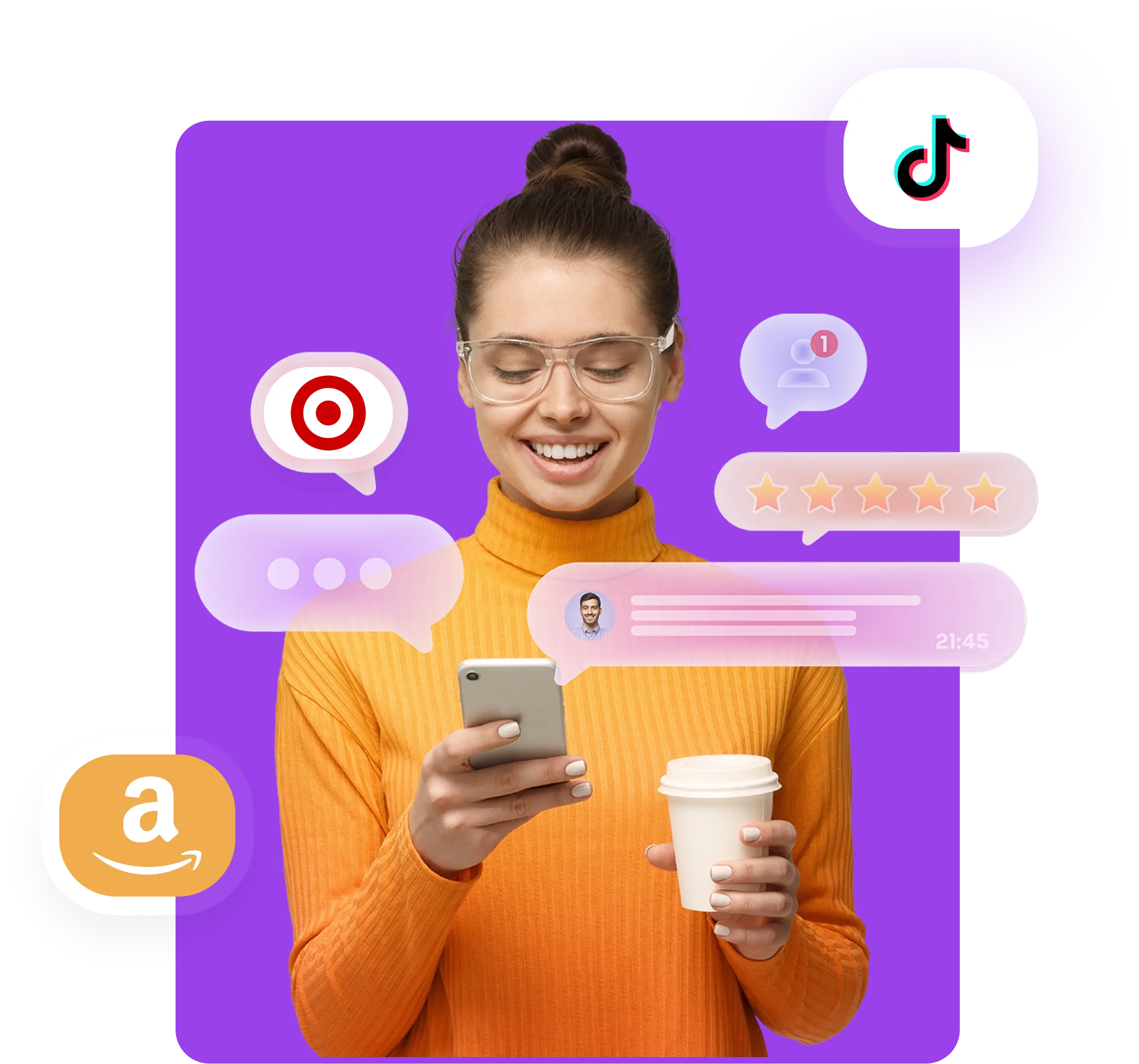 Collage showing a woman holding red lipstick with positive comments, product images including handbag, lipstick, headphones, and shoes, logos of TikTok, Amazon, Walmart, and icons for brand protection and growth analytics.