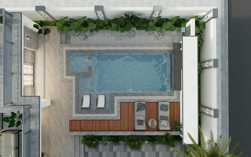 An aerial view of a swimming pool and patio.
