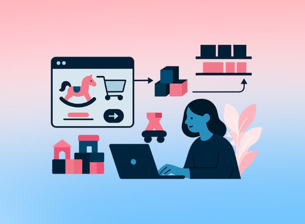 Online shopper completing a purchase with real-time inventory management displayed, showing the connected buying and fulfillment process.