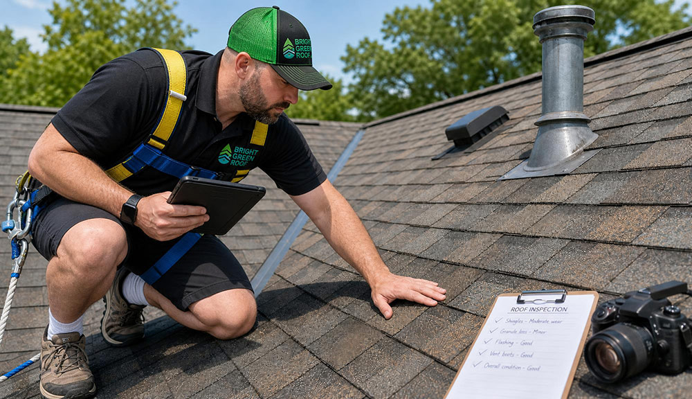 Roofing professional checking whether an Edmonton asphalt shingle roof is suitable for rejuvenation
