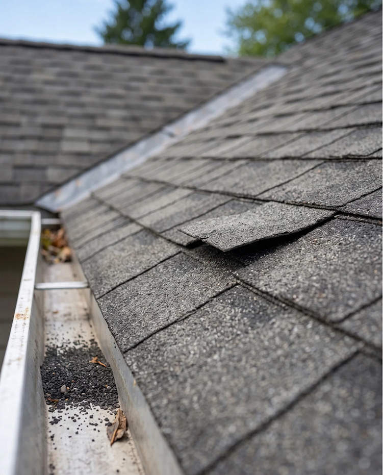 Close-up of an aging asphalt roof shingle