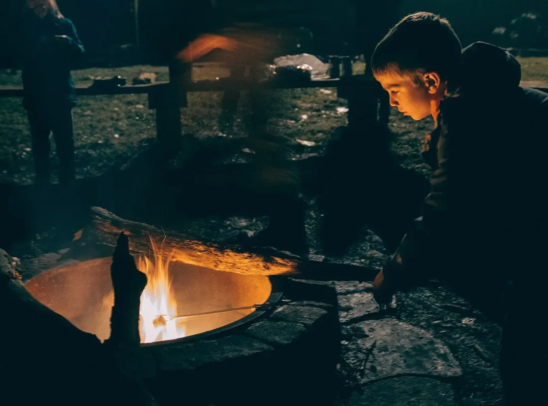 Boy roasting marshmallow over a campfire at night with blurred figures and picnic table in the background.