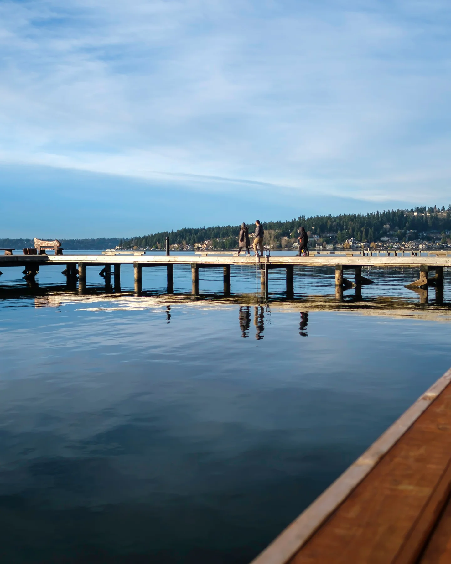 People walking on a wooden dock over a calm lake with forested shoreline and houses in the background under a blue sky.