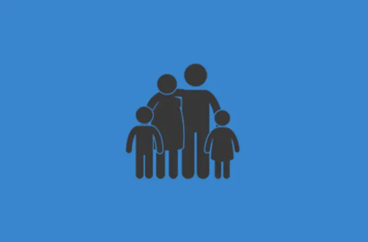 Black icon of a family with two adults and two children on a blue background.