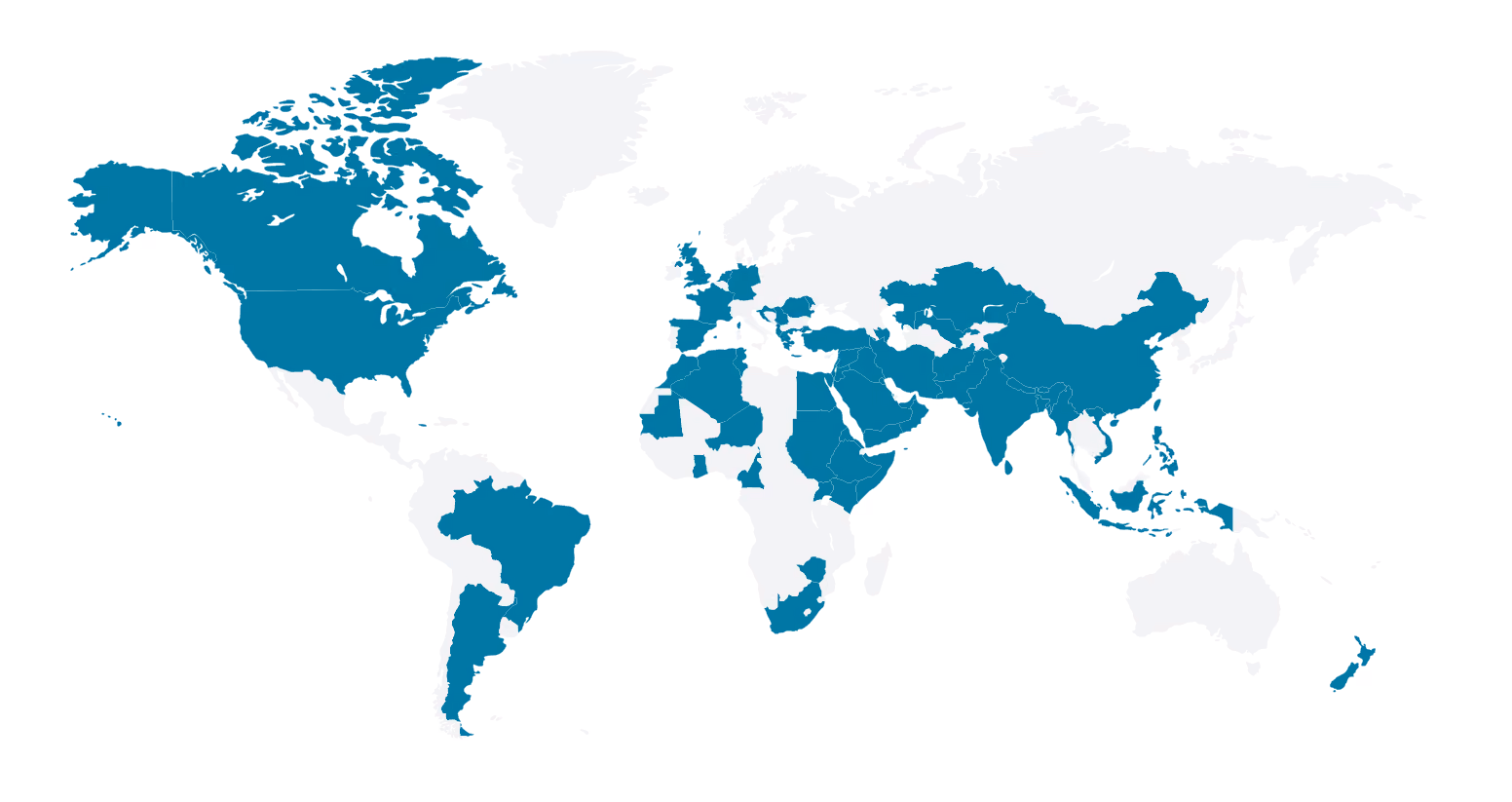 World map with 64 countries highlighted