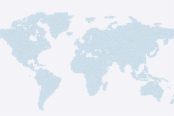 World map formed by evenly spaced blue dots on a light gray background.