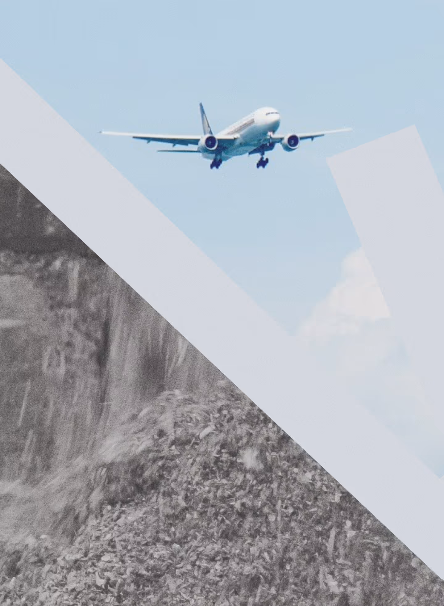 Airplane flying in clear blue sky with a large pile of crushed rocks or debris below.