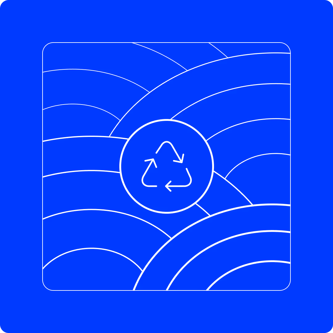 White recycling symbol inside a circle on a blue background with curved line patterns.