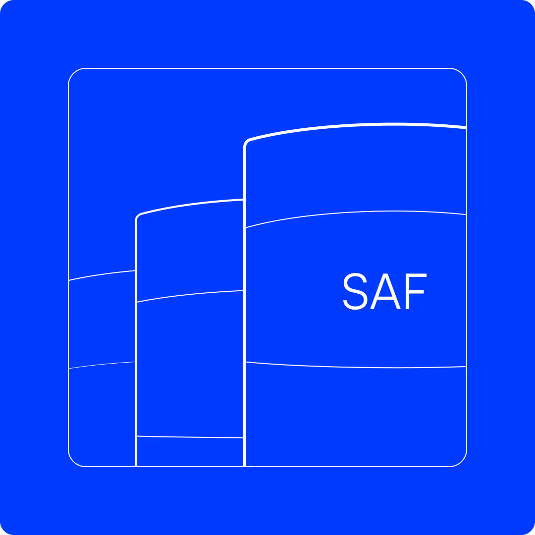 Blue icon with three overlapping curved rectangular shapes, the largest one displaying the letters SAF.