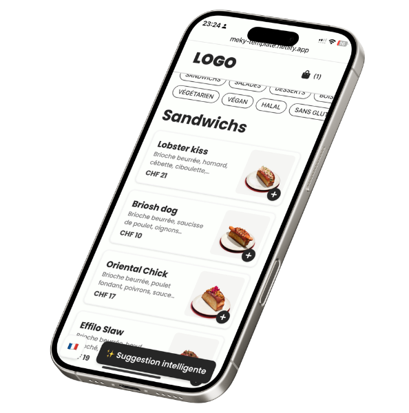 Interface mobile du menu Meky illustrant la navigation par catégories, le support multilingue et la fonctionnalité de suggestion intelligente.