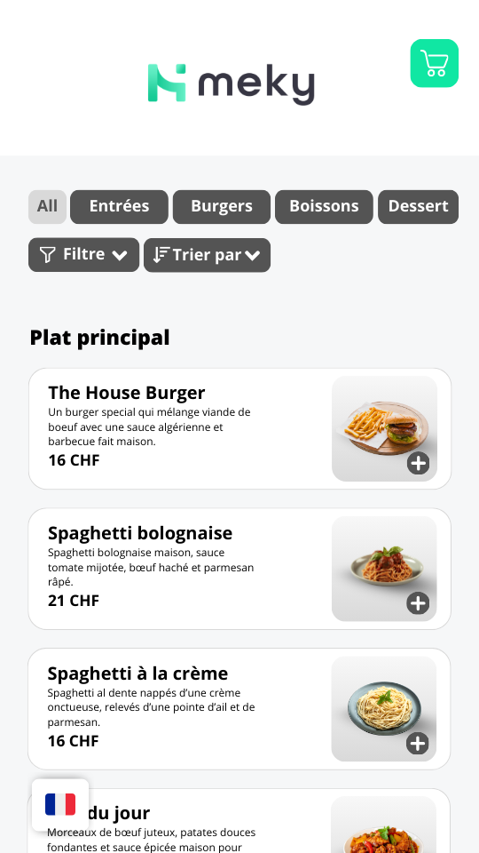 Interface mobile du menu digital Meky montrant la navigation par catégories, les filtres intelligents et les visuels de plats HD pour la commande à table. L'interface s'adapte automatiquement à la langue du client.