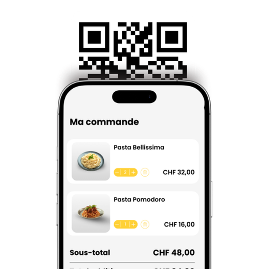 Écran de smartphone affichant une commande de restaurant avec deux plats, Pasta Bellissima et Pasta Pomodoro, un total de CHF 48,00, et un code QR en haut.