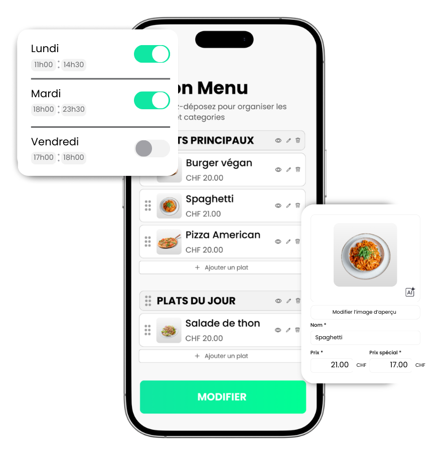 Interface d'administration mobile Meky montrant la gestion des horaires d'ouverture, la modification des prix et l'édition des plats en temps réel.