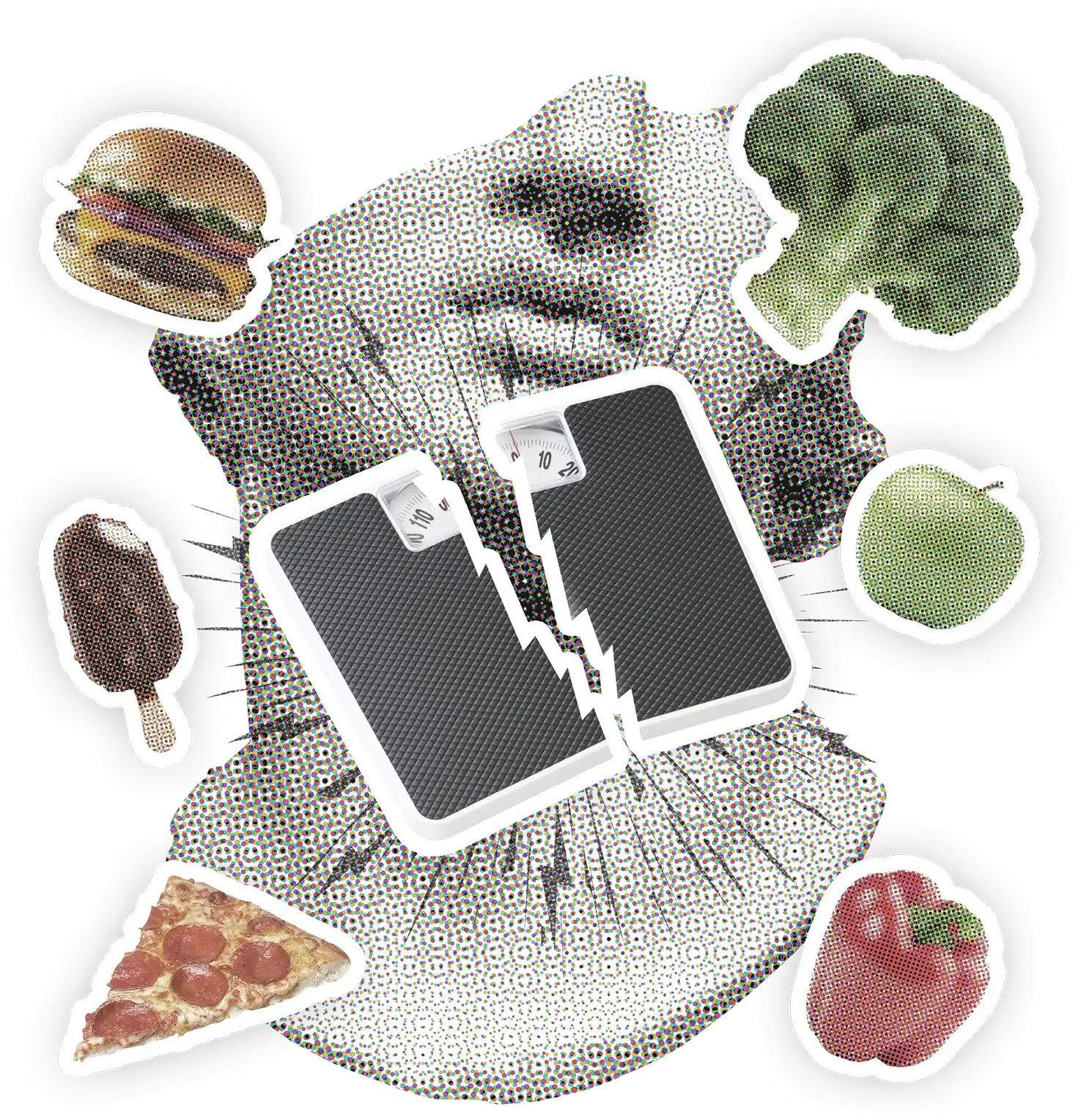 Ein Kopf mit einer zerbrochenen Waage vor dem Gesicht; um den Kopf Kreisen ein Hamburger, ein Broccoli, ein Apfel, eine Paprika, ein Stück Pizza sowie ein Eis am Stiel