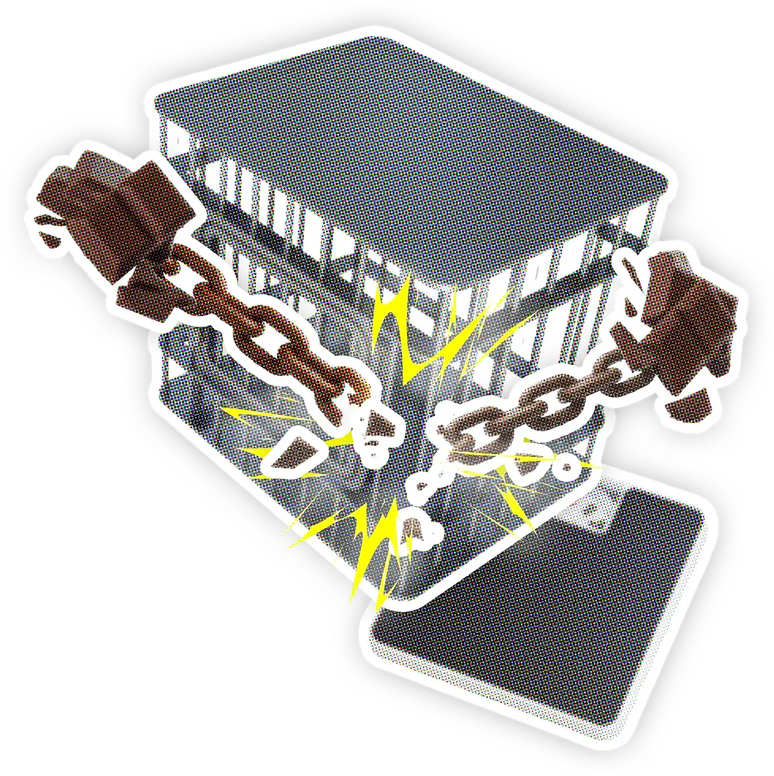 Ein Käfig auf einer Waage, der mit einer Kette aus Schokolade geschlossen ist; die Kette zerspringt