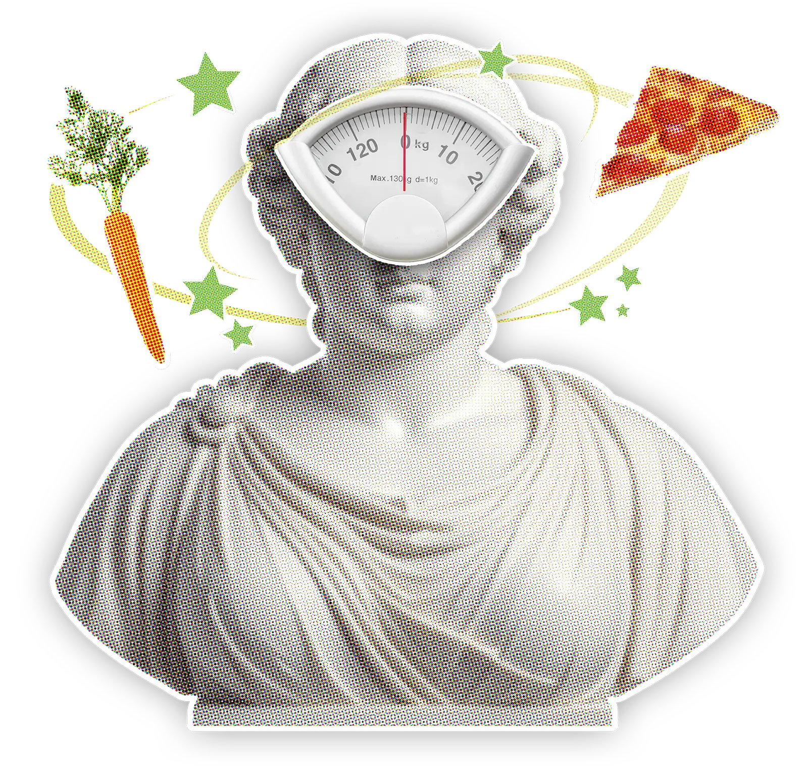Eine Figur mit der Anzeige einer Waage vor dem Gesicht; Pizza und eine Möhre kreisen um den Kopf und lassen die Figur Sterne sehen