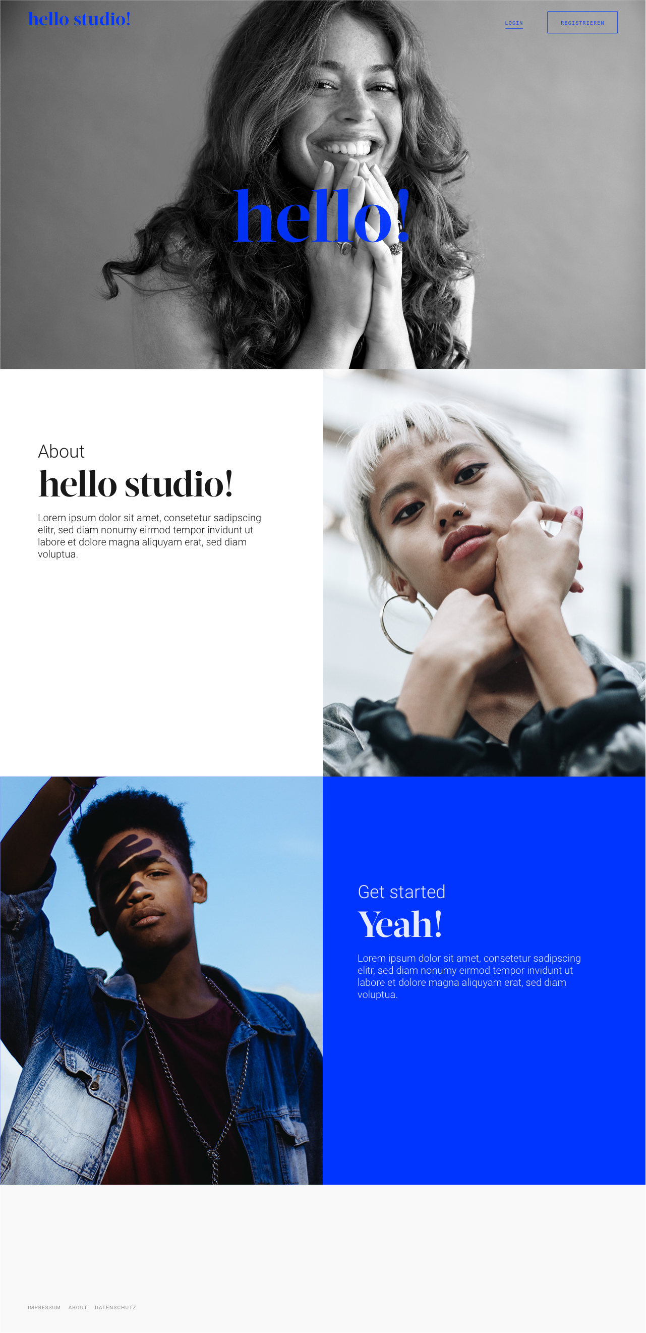 Landing page by hello studio with multiple tiles, including 3 images of models.