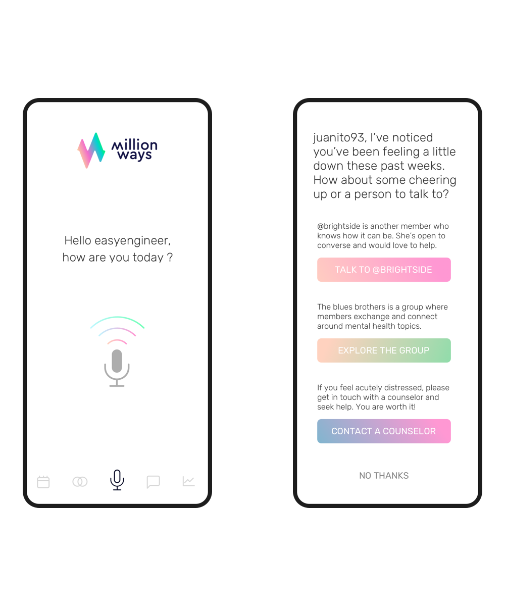 Zwei Handy-Screens. Auf dem linken ist ein Audiogespräch und auf dem rechten werden einem Personen vorgeschlagen.
