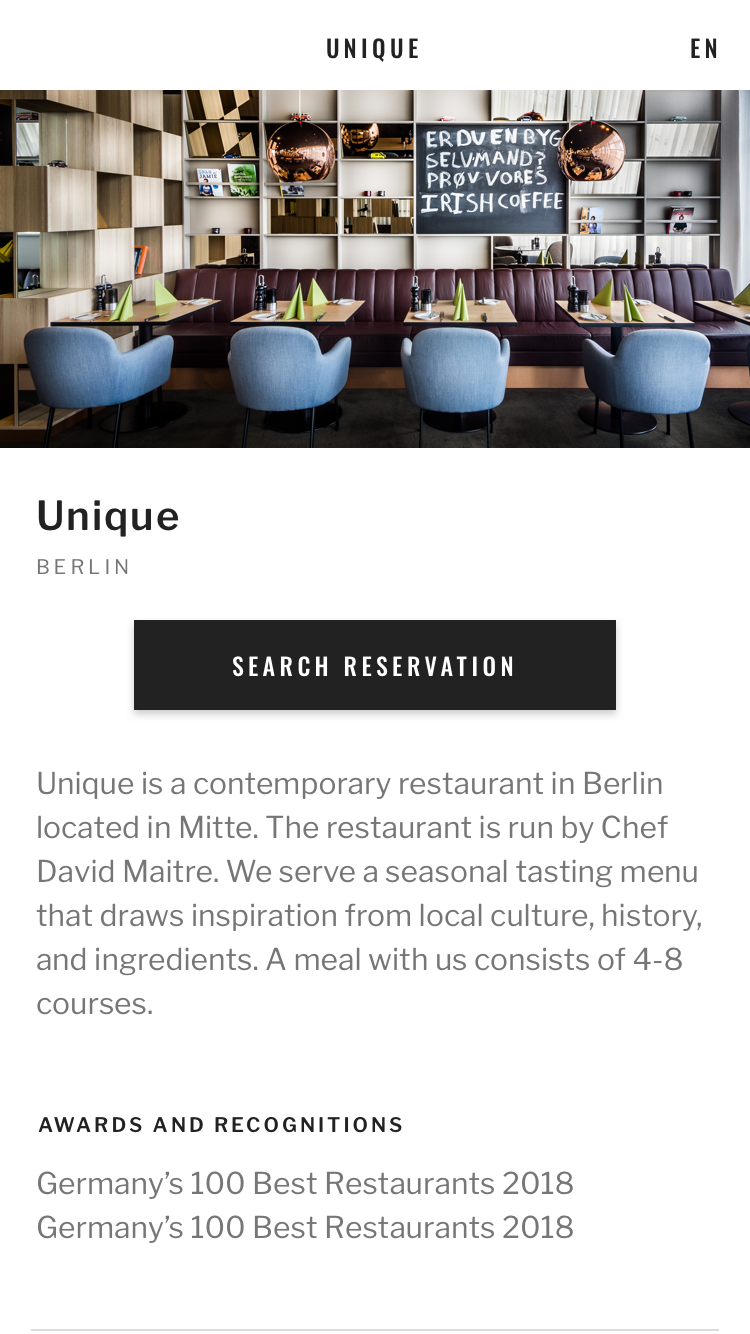 Handyscreen der Startseite, wo das Restaurant vorgestellt wird und man weiter zu den Reservierungen kommt.