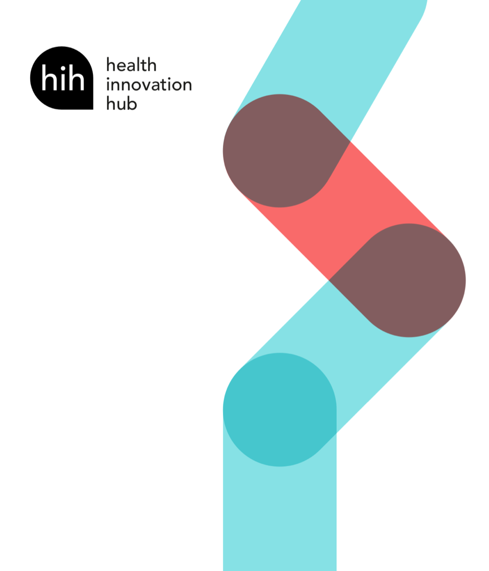 Health innovation Hub Logo und Schriftzug in der linken oberen Ecke. Große rot-blaue Grafik rechts.
